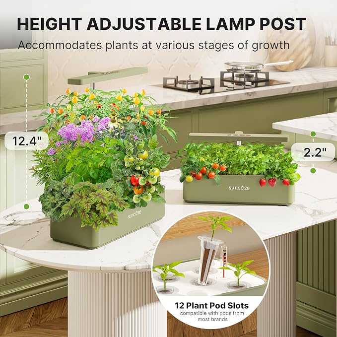 SUNCOZE Hydroponics Growing System, Compact 12 Pods Indoor Garden, Green | 24W LED Dimmable Grow Light, 4L Water Tank with Quiet Pump, Adjustable Height Herb Garden Planter Indoor Kit, Gardening Gifts