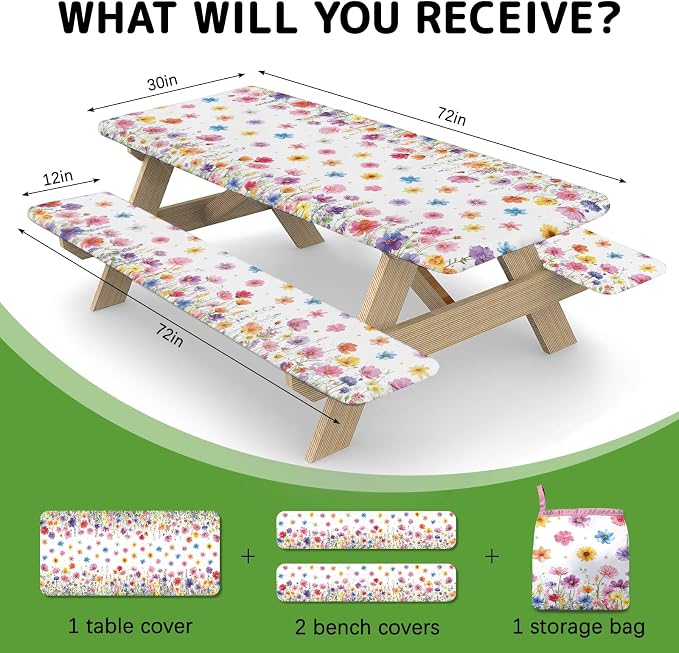 Flowers Picnic Table Cover with Bench Covers Elastic Edges, 3 Pcs Flowers Fitted Table Cover with Drawstring Bag, Waterproof Windproof Aesthetic Camping Tablecloth, Outdoor Camping Essentials 72 Inch