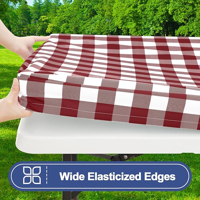 Smiry Picnic Table Cover with Bench Covers, Waterproof Elastic Fitted Tablecloths for 8 Foot Rectangle Tables, Washable Buffalo Plaid Tablecloth for Camping, Outdoor (Burgundy & White, 30"x96")