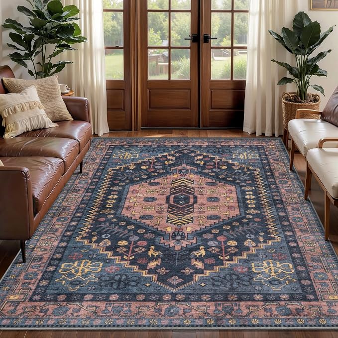 Ciicool Washable 4x6 Area Rug,Boho Non-Slip Indoor Mat for Entryway Kitchen | Oriental Low-Pile Soft Vintage Boho Indoor Entry Navy Carpet for Bedroom Bedside Living Room Laundry Dining Room