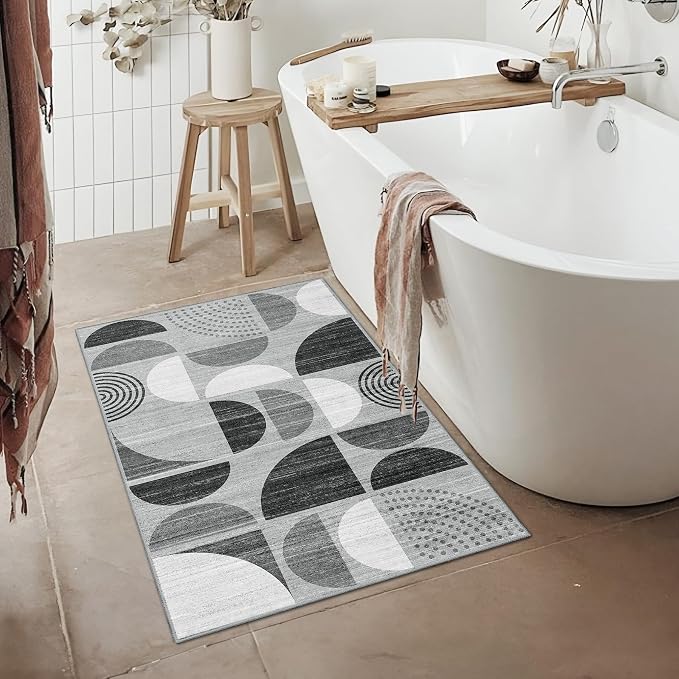Small Rug Washable,Boho 2x3 Area Rugs Non Slip Modern Abstract | Machine Washable Throw Carpet for Entryway Bathroom Entry Entrance Bedroom Kitchen Soft Low Pile Floor Indoor Black and Grey