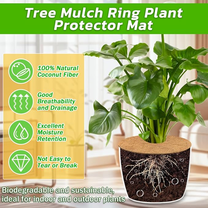 Legigo 4pcs Coconut Fiber Mulch Ring Tree Plant Protector Mat, 18 Inch Natural Coco Coir Tree Mulch Ring Plant Pot Soil Cover, Tree Rings Disc Plant Cover for Indoor Outdoor Plants, Landscaping