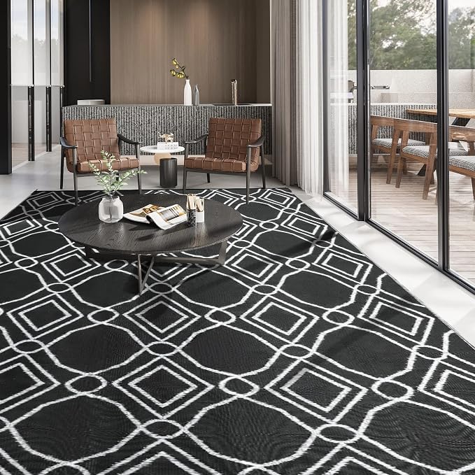 Kohree Outdoor Rug 6x9, Waterproof RV Outdoor Rugs, Reversible Outdoor Camping Rug Patio Rugs Clearance with 4 Corner Loops for RV, Deck, Backyard, Picnic, Easy to Clean & Carry, Black & White