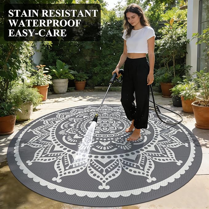 Bsmathom Waterproof Outdoor Rug 8ft Round Reversible Boho Plastic Straw Patio Deck Camping Rugs, Indoor Outdoor Portable RV Mat Carpet for Outside, Porch, Balcony, Backyard, Beach, Pool, Grey