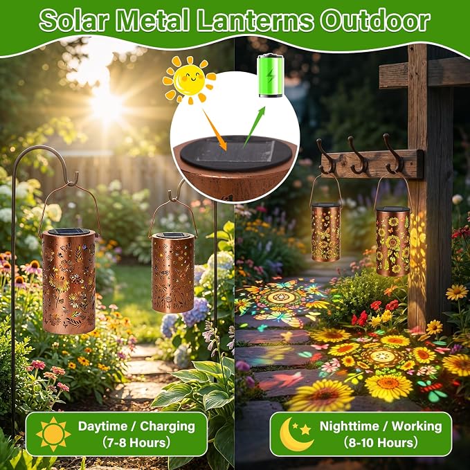 2Pack Colorful Solar Lanterns Outdoor Waterproof, Garden Decor Gifts for Women Mom Grandma - LED Sunflower and Butterfly Solar Powered Lights Metal Hanging Lantern for Outside Garden Patio Yard Porch