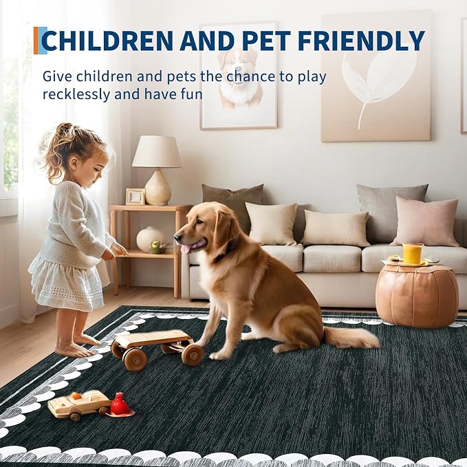 COZYLOOM Washable Rugs 10x13 Area Rug for Living Room, Non Slip Non Shedding Modern Solid Rug Stain Resistant Low Pile Minimalist Carpet Foldable Thin Mats for Bedroom, Dining Room, Nursery, Black
