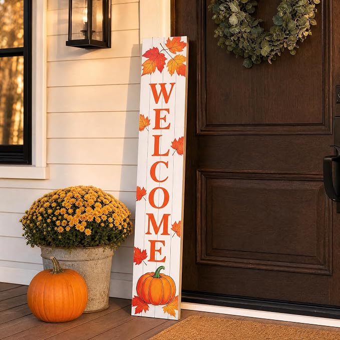 Fall Welcome Porch Sign | Vertical Wooden Welcome Sign with Pumpkin & Maple Leaves | Farmhouse Autumn Thanksgiving Harvest Decor | Front Door Indoor/Outdoor Home Decoration