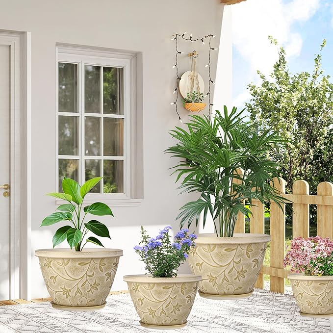 Nooulap 12 Inch Pots for Plants with Drainage, Large Plastic Flower Pots Outdoor Indoor, Decorative Planters with Gold Flower Pattern for Home, Porch, Balcony & Garden (Beige)