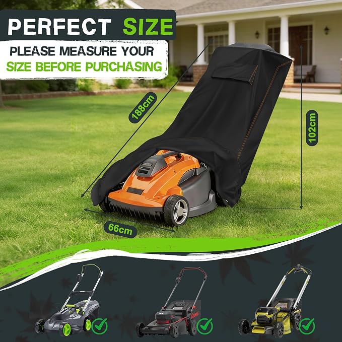 Patio Lawn Mower Covers,Anti-UV Protector Lawnmower Storage Cover with Air Vents and Elastic Straps,Outdoor Weatherproof Push Lawn Mower Cover-Black（Push-74"L x 26"W x 40"H）