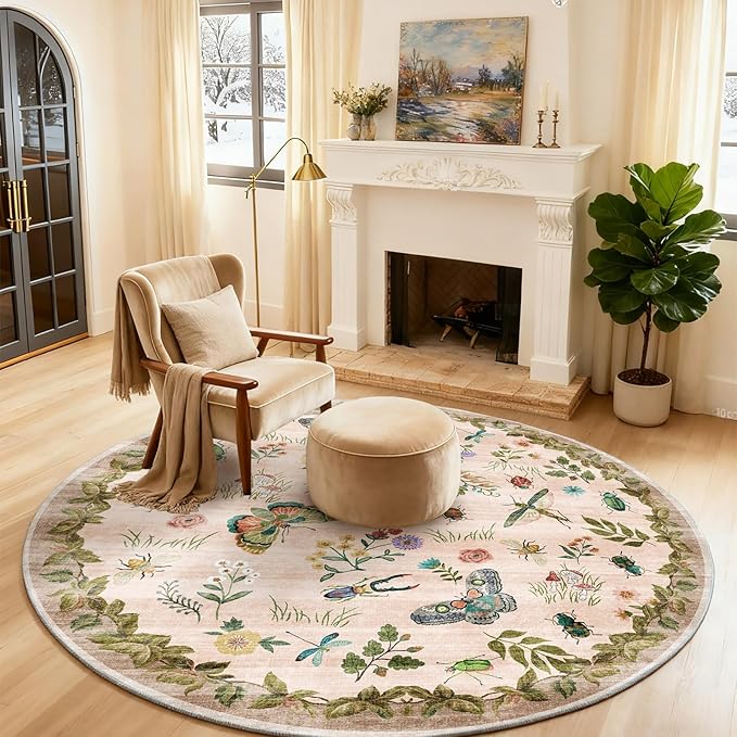 Washable Round Rugs for Bedroom 4ft: Living Room Rug Stain Resistant Non Slip Low Pile Ultra Soft Faux Wool Small Circle Rugs for Kitchen Entryway Bathroom Nursery Dorm Home Office Entrance Indoor