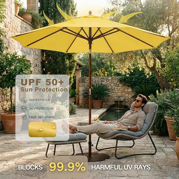 Kingdura 9FT Outdoor Patio Umbrella, Round Market Table Umbrella with Push‑Button Tilt and Crank Lift, 8 Sturdy Metal Ribs, UV50+ Protection Canopy for Backyard, Lawn, Deck, Poolside, Garden (Yellow)