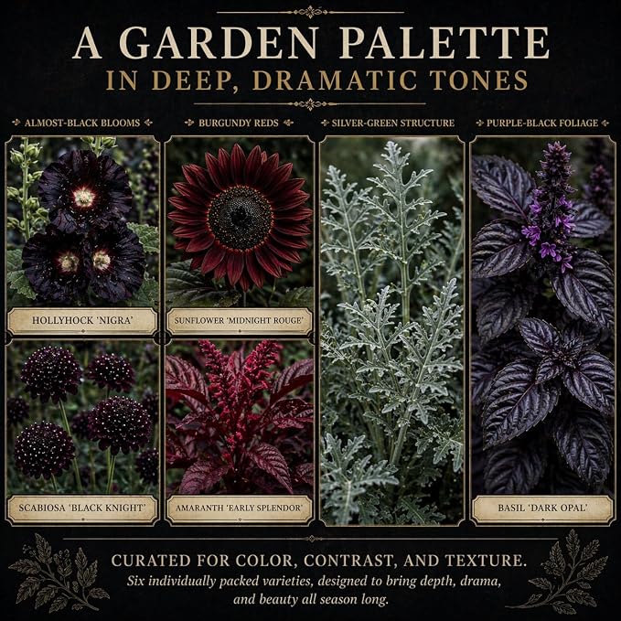 Ravens Hollow Garden Gothic Garden Seed Collection, 6 Open-Pollinated Flower & Foliage Varieties