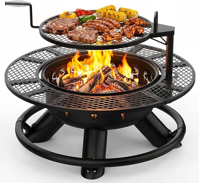 BALI OUTDOORS Fire Pit with Poker, Outdoor Fire Pit Extra Large, Wood Burning Firepits for Outside with Grill, 47 inch