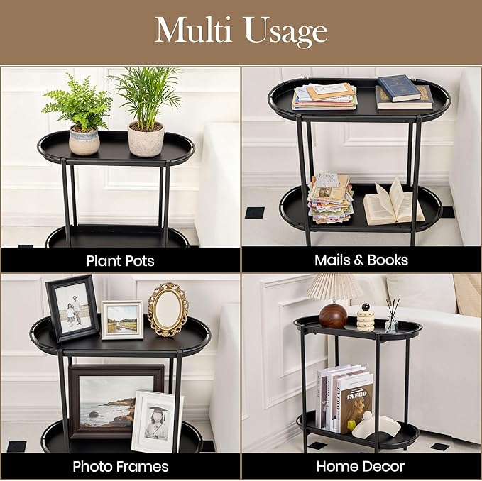 Large Metal 2-Tier Multi-Purpose Stand – Sleek Black Indoor/Outdoor Oval Shelving Unit; Modern Storage Rack for Home Decor, Books, Bathroom Essentials, or Plants