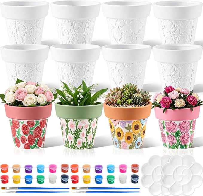 Zubebe 16 Pcs Paint Your Own Ceramic Pots Bulk Unfinished Succulent Pots Craft Kit with Drainage Hole Mini Paintable Plant Vase Ready to Paint Planter for Cactus DIY Craft (Elegant Flowers Tapered)