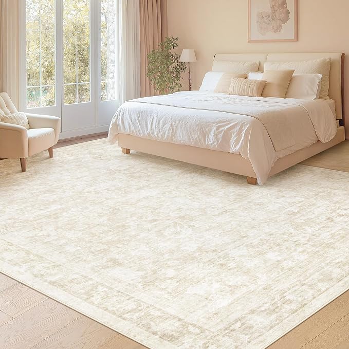 9x12 Area Rugs for Living Room: Washable Large Vintage Floral Rug Low Pile Non-Slip Boho Carpet for Bedroom Dining Home Office (Beige, 9'x12')