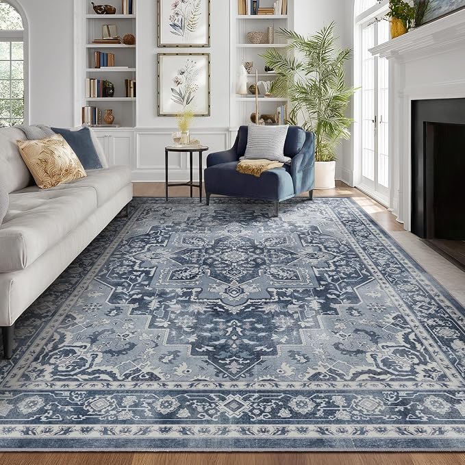 8x10 Blue Gray Rugs for Living Room, Transitional Medallion Washable Large Rug for Bedroom Under Bed, Modern Vintage Distressed Low Pile Thin Soft Carpet Rugs for Dining Room Office