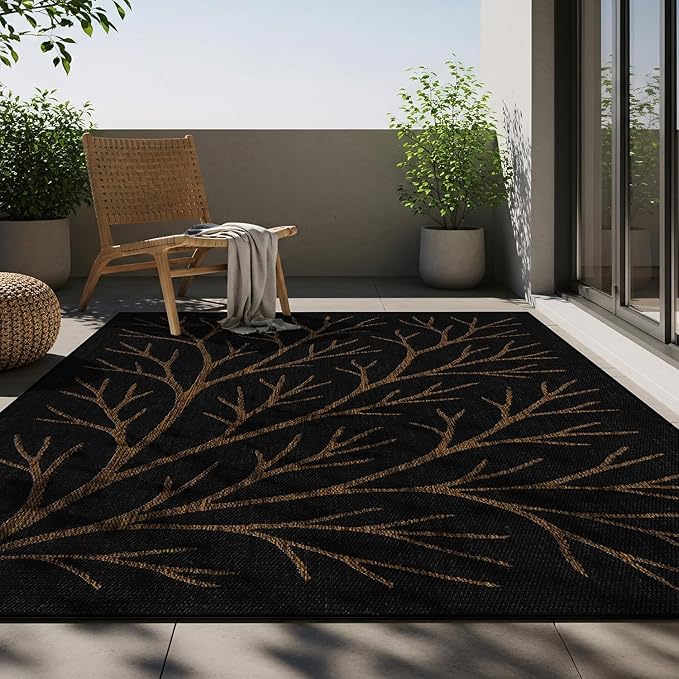 Washable Indoor Outdoor Rug 8x10 Modern Area Rugs Branch Pattern Non Shedding Waterproof Easy Clean Patio Deck Porch Living Room Bedroom Garden RV (8 X 10 Gold)