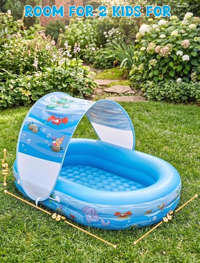 Inflatable Kids Pool with Canopy and Sprinkler 65" x 46", Kiddie Blow Up Pool with Shade Cover for Baby Swimming, Toddler Ball Pit for Backyard Water Fun Indoor Outdoor Summer Toys