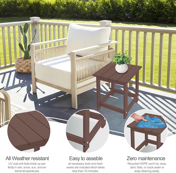 LZRS Patio Side Table, Heavy Duty HDPE Outdoor End Table with Wood Texture, Weatherproof Composite Table for Adirondack Chairs, Deck, Pool, Indoor/Outdoor, No Peeling or Cracking(Brown)