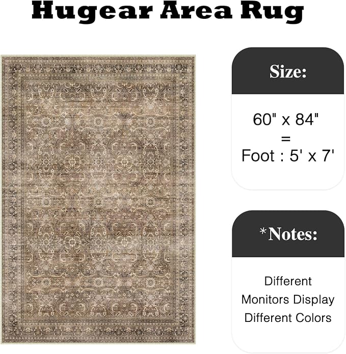 5x7 Brown Vintage Distressed Washable Area Rug for Living Room | Low Pile, Non Slip, Retro Style, Soft Distressed Indoor Rug for Living Room, Bedroom, Dining Room, Office, Home Decor