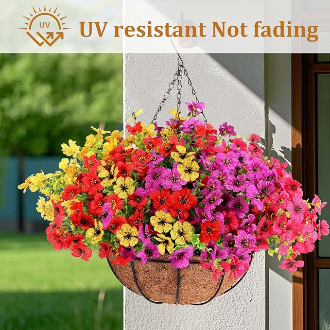 Geegoods 2 Pack Artificial Hanging Flowers for Outdoors, 24 Pcs UV Resistant Faux Mums Flowers with 2 Hanging Baskets, Fake Hanging Plants for Front Porch, Patio, Balcony, Yard and Garden Decor