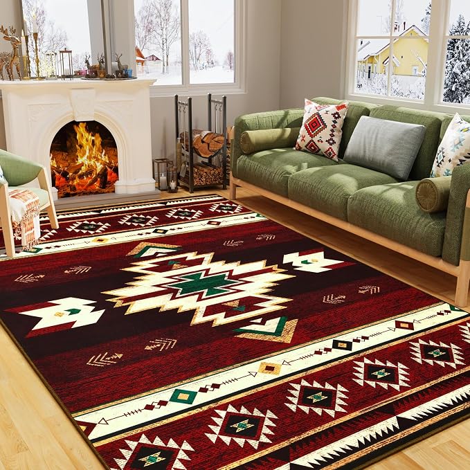 BENRON Western Rugs for Living Room Bedroom 5x7, Non Slip Area Rugs, Red | Southwest aztec Rustic Rugs for Dining Table Kitchen Home Decor, Washable