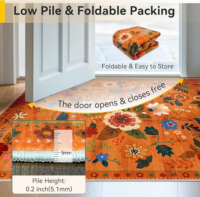RELEANY Floral Washable 9x12 Area Rugs BurntOrange | Flower Carpet, Print, Boho, Non-Slip, Easy to Clean, Soft, Low Pile for Living Room Bedroom Kitchen Office Entryway Hallway