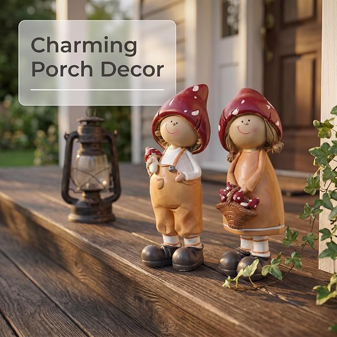 2-Piece Mushroom Decor Fairy Garden Accessories Outdoor Resin Cute Boy and Girl Figurines Whimsical Garden Statues Miniature Fairy Garden Supplies for Patio Yard Lawn Home