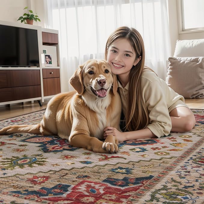 Tangsoo 2.6x10 Hallway Runner Rugs, Washable Non Slip Vintage Rug Runners | Oriental Soft Low Pile Long Rug, Boho Farmhouse Print Indoor Carpet Runners for Hallway Living Room Kitchen Bedroom Beige/Red