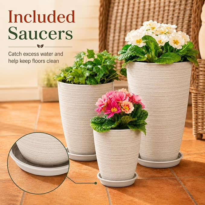 Neoaider Set of 3 Tall Planter, 24/21/12in Large Plastic Planter, OatColor | Ceramic-Look, Lightweight, Built-in Drain Hole, Saucers, Tall Outdoor Planter for Porch, Garden, Patio, Balcony