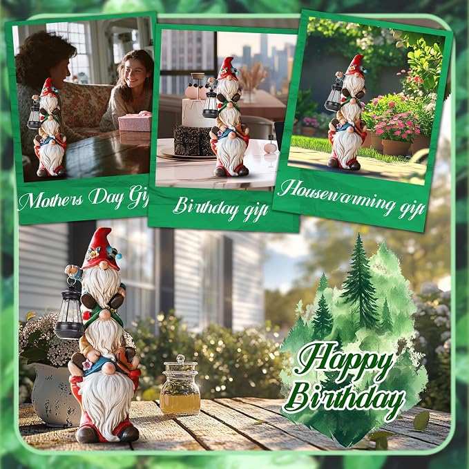 twinbling 12 in Garden Gnome Statue with Solar Lights Birthday Gift for Mom Woman Grandma Garden Sculptures Funny Triple Gnome Outdoor Patio Lawn Yard Balcony Home Decor