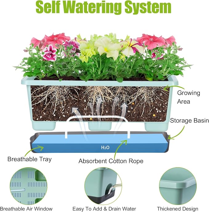 Oliz Window Box Planter 8 Pcs, 17 Inches Rectangle Flower Pots with Drainage Holes & Trays, Vegetable Planters for Windowsill Patio Garden Balcony Home Indoor Outdoor (Green, 16 * 7 * 6 inch)