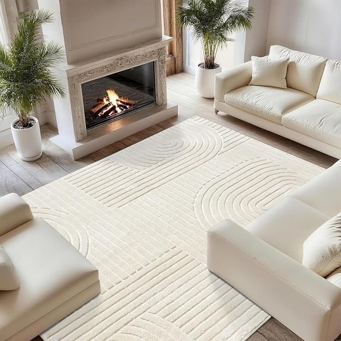 Beige Boho 8x10 Solid Color Area Rugs, Washable Living Room Rug | Ultra Soft Plush High-Low Pile Carpet, Fluffy, Non-Slip, Durable Rugs for Bedroom, Kids Room, Nursery, Apartment, Home Office