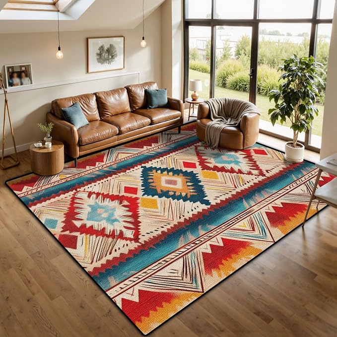 10x14 Area Rugs for Living Room Native American Indian Ornament Pattern Geometric Ethnic Textile Washable Large Area Rug for Bedroom Non Slip Outdoor Carpets Soft Mats Kitchen Home Office Decor