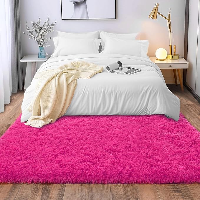 Soft Shag Fluffy Living Room Rug 5x7 Hot Pink Washable | Upgrade Non-slip, 5 x 7 Shaggy Rugs for Girls Bedroom Nursery, High Pile Fuzzy Plush Carpet Kids Room Dorm, Flame Resistant