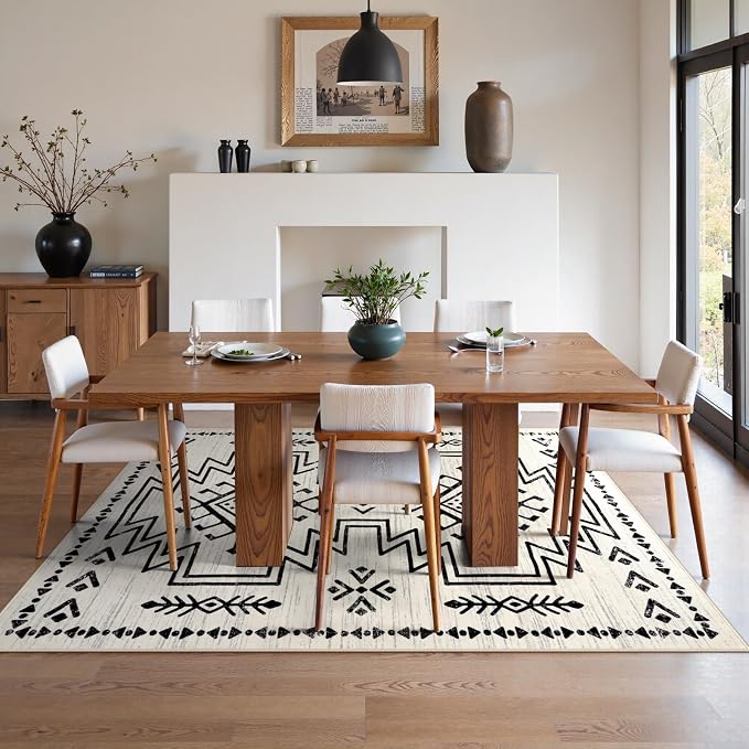 Lahome 5x7 Moroccan Living Room Rug, Western Washable Area Rugs for Bedroom | Boho Soft Low Pile Non Shedding Distressed Aztec Dining Room Carpet for Office Home Decor (Ivory)