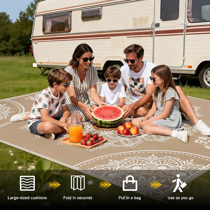 Pauwer Waterproof Outdoor Rug 8x10, Reversible Plastic Straw Patio Camping Rug, Indoor Outdoor RV Mat Carpet for Deck, Camper, Porch, Balcony, Backyard, Picnic, Floral Brown