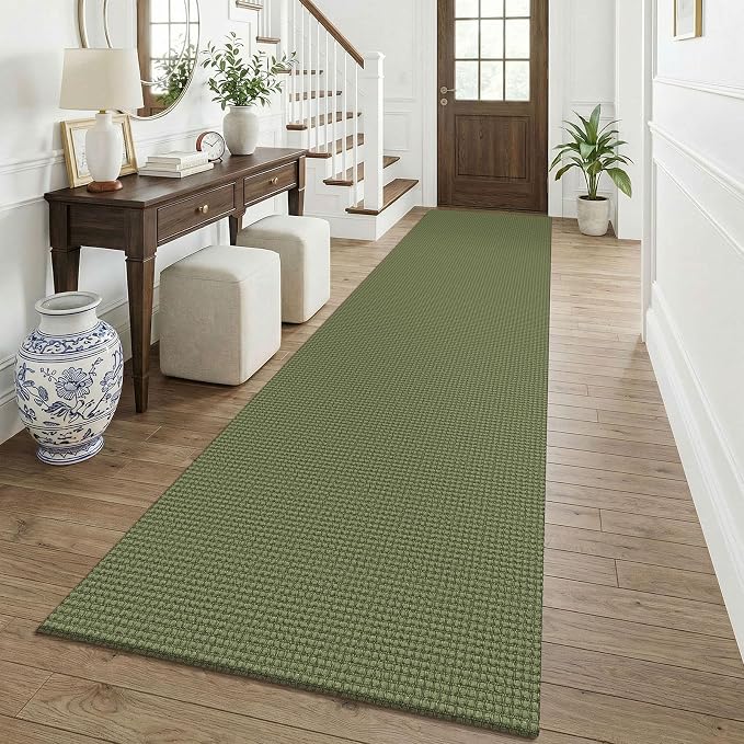 KOZYFLY Cotton 2.5'x12' Runners Rugs for Hallway, Long Washable Runner Rug, Woven Non Slip Kitchen Runner, Braided Entryway Rug, Floor Carpet for Entry, Aisle, Hall, Olive Green/Earthy Green