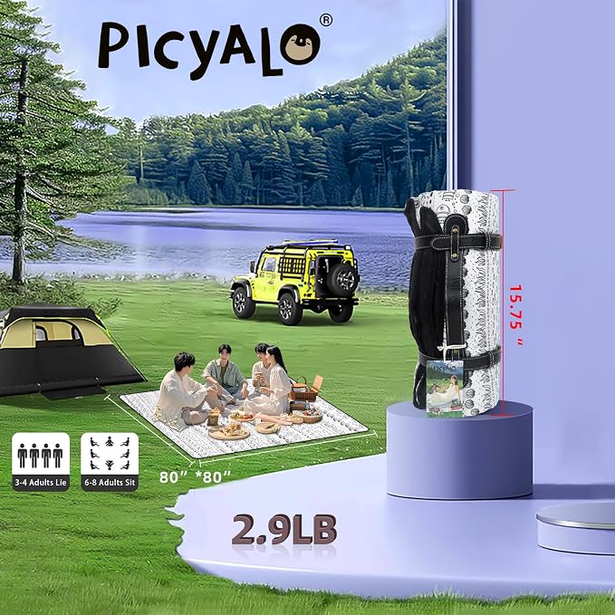 80x80” Double Thickened Picnic Blankets(150g High Density Cotton Stuffed) White Fish Pattern Outdoor Picnic Mat Portable Picnic Blanket Foldable with Leather Carry Strap Beach Blanket
