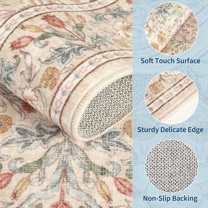 GarveeHome Small Beige Entryway Rug, 2x3 Washable Front Door Rug Indoor Entrance Floral Carpet Non-Slip Low Pile Throw Rugs for Kitchen Floor, Powder Room, Entry, Bathroom, Kids Room