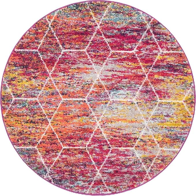 Unique Loom Trellis Frieze Collection Area Rug - Geometric (4' Round, Multi/ Ivory)
