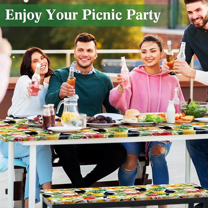 Boao 3 Pcs Vinyl Picnic Table Cover with Bench Cover 6 ft 30 x 72 Inch Waterproof Fitted Tablecloth Flannel Backing Rectangular Elastic Edged for Camping Outdoor Patio Travel(Toucan)