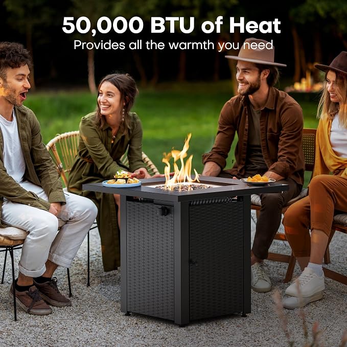 Hexago 28 Inch Propane Fire Pit, ETL Listed Outdoor Fire Pit Table, 50,000 BTU Steel Gas Fire Pits with Lid and Lava Rock, Add Warmth and Ambience to Parties On Patio Deck Garden,Black