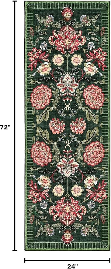 GarveeHome Forest Green Floral Botanical 2x6 Washable Kitchen Runner Rugs Non Slip Vintage Boho Cottage Long Rug for Hallways Bedroom Entryway Bathroom Mat with Rubber Back