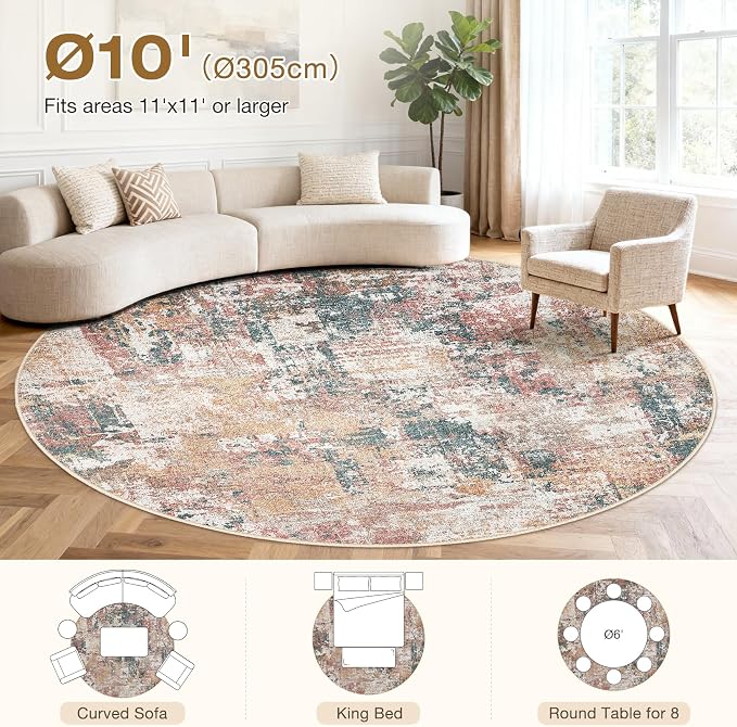 Tortania Washable 10' Round Area Rug for Living Room: Modern Abstract Neutral Large So' Thin Rugs - Non Slip Indoor Carpet for Bedroom Dining Room Office Nursery Home Floor Decoration - Colorful Multi