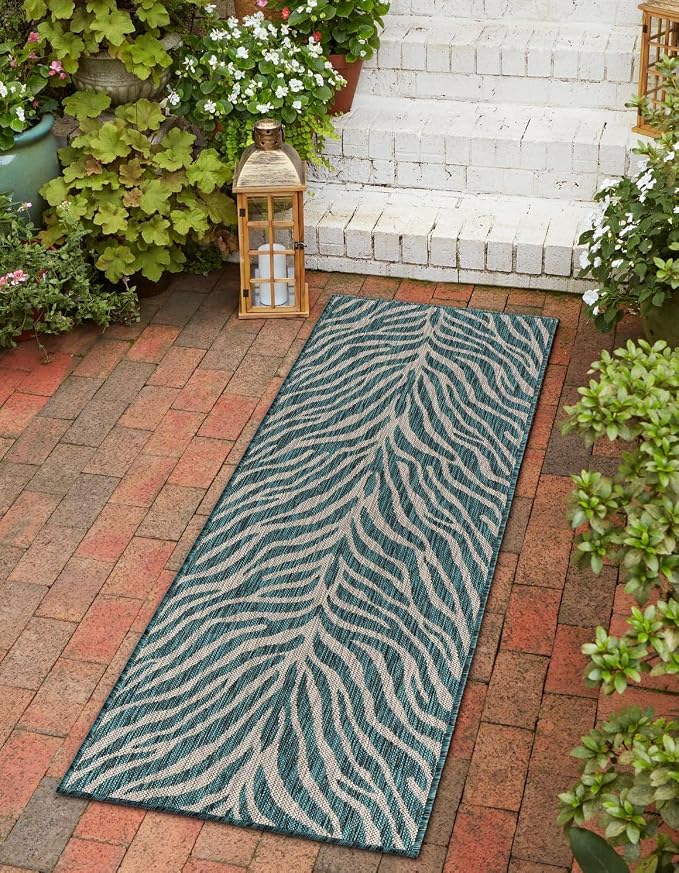 Unique Loom Outdoor Safari Collection Area Rug - Tsavo (2' x 8' Runner, Teal/ Ivory)