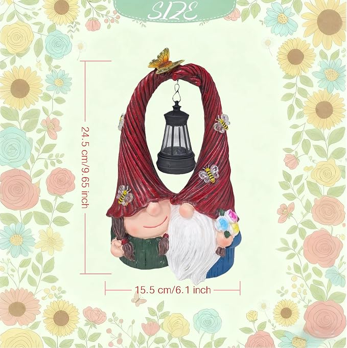 Couple Gnome Figurine with Solar Lantern Gnome Lamp Decor Garden Statue Outside Outdoor Yard Housewarming Gifts for Mom Women Grandma Valentine's Day Anniversary
