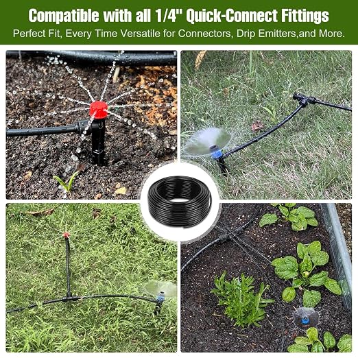50FT 1/4 Inch Drip Irrigation Tubing with 5 Pack Push-to-Connect 1/4" Tee Connectors, Distribution Drip Line Hose & Universal Tee Fitting, for Drip Irrigation Parts or Drip System and Misting System