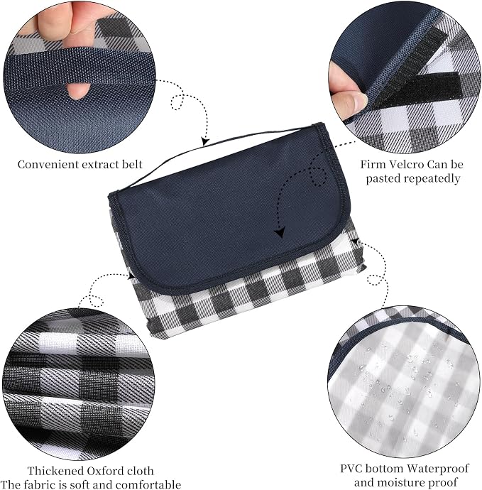 Picnic Blanket Waterproof Beach Blanket 80''x80'' Picnic Mat Washable Lightweight with Handle Navy Blue Checkered for Hiking Travelling Outdoor Camping,Parks